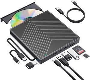 ROOFULL External CD DVD Drive, CD Burner DVD Player USB 3.0 with 4 USB Port Hub and 2 SD/TF Card Reader, USB-C CD/DVD-ROM +/-RW Disk Drive Adapter Writer for Laptop PC Mac Windows 11/10/8/7 Linux OS