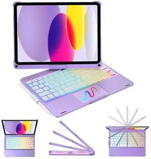 KVAGO Keyboard Case for iPad 10th Generation (2022 10.9") & iPad 11th Generation (A16,2025), Multi-Touch Trackpad, 7 Color Backlight Keyboard, 360° Rotatable Smart Case, Thin & Light, Purple