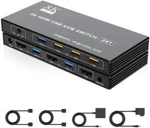 8K HDMI KVM Switch 2 in 1 Out HDMI2.1 with 4 USB Ports(3 USB-A2.0 + 1 USB-A3.0),Adaptive EDID/HDCP2.3 Support 8K@60Hz 4K@120Hz Share 1 Monitor Keyboard Mouse U-Disk Printer, 2 USB 3.0 Cables Included