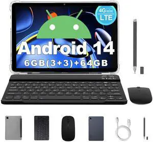redbeat Android 14 Tablet 8 inch Gaming Tablets with Keyboard, 4G LTE Dual SIM, 6GB RAM 64GB ROM (Expandable to 1TB), Dual Camera, HD Display, C1 Kids Tablet with Leather Case, Mouse and Stylus