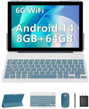 Android 14 Tablet, 10 Inch 8GB RAM+64GB ROM+1TB Expand, 1.8Ghz Quad-core Processor, 2 in 1 Tablets with Keyboard Mouse Case Stylus, 8MP Camera, 6000mAh Battery, 1280*800 HD Screen, 5G WiFi 6 Tablet PC