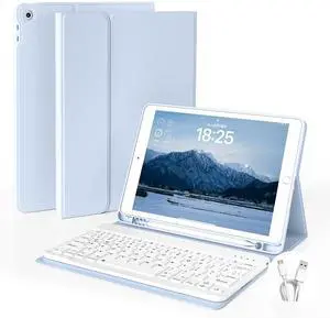 GKABXY Case with Keyboard for iPad 10.2 inch 2021/2020/2019, iPad 9th/8th/7th Generation Detachable Bluetooth Keyboard Cover with Pencil Holder, Multi-Angle Stand for Study/Office/Travel (Sky Blue)