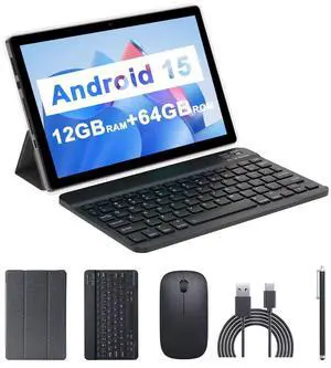 Android 15 Tablet, 10.1 inch 12GB RAM+64GB ROM 1TB Expandable, 2 in 1 Tablets with Keyboard Case Mouse Stylus, 1.8GHz Quad-core, 1280*800 IPS Touch Screen, 8MP Dual Camera, 5G WiFi 6 BT 5.0 Tablet
