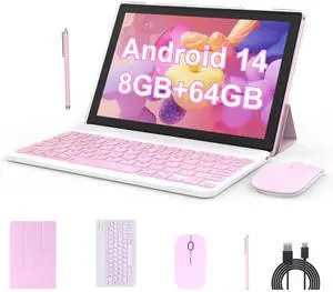 BYANDBY Android 14 Tables 10 inch, 2 in 1 Tablet, Quad-core Processor, 64GB+8GB+1TB Expandable, Wi-Fi, BT, Dual Camera, IPS Touch Screen, Games, GMS Certifies (Pink)
