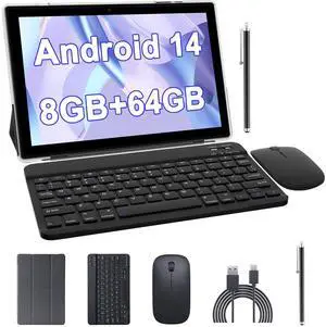 10 inch Android 14 Tablet with Keyboard, 2 in 1 Tablets Set Include Case Mouse Stylus, 8GB RAM+64GB ROM, Quad Core 10.1'' Tab, 6000mAh Battery, 8MP Dual Camera, Google GMS Certification Tableta