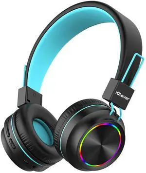iClever BTH03 Kids Bluetooth Headphones, Colorful LED Lights, 35H Playtime, Bluetooth 5.4,Type C Fast Charging, Safe Volume, Stereo Sound Mic,On Ear Kids Wireless Headphones for iPad Airplane (Black)