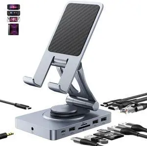 Versatile USB C Docking Station for iPad, 11-in-1 with SD TF 4.0 Reader, 4K@60Hz HDMI, RJ45, Audio, USB A, USB C, Rotatable Dock, for Tablet, Steam Deck, ROG Ally, Legion Go, Msi Claw, Samsung, etc