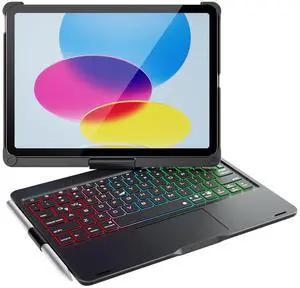 Kolude for iPad 11th(A16/2025)/10th Gen Case with Keyboard, 360° Rotatable Keyboard Case with Touch trackpad,7 Colors Backlight Pencil Holder Protection Black