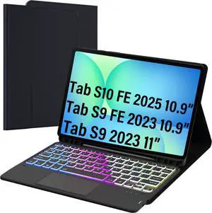for Samsung Galaxy Tab S10 FE/S9 FE 10.9"/S9 11" Keyboard Case: 3 Zone 7 Colors Backlit Trackpad Keyboard for Samsung 11-inch S9 Tablet - Detachable Wireless Key Board Tablet Cover with Pen Holder