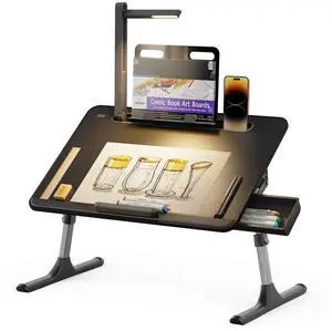 Laptop Table with LED Desk Light, SAIJI Laptop Stand for Bed, Height Adjustments Bed Desk with Book Stand for Reading Writing Drawing (Black)