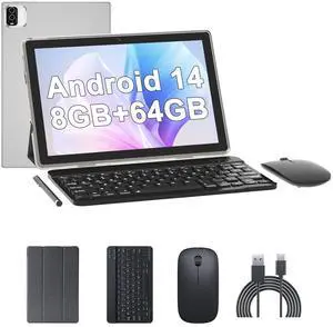 Tablet 10 Inch Android 14 Tableta, 2 in 1 Tablets with Keyboard Mouse Case Stylus, 8GB RAM+64GB ROM Support 1TB expansion, 2MP+8MP Dual Camera, 6000mAh Battery, Bluetooth WIFI6 1280 * 800 10.1" HD Tab