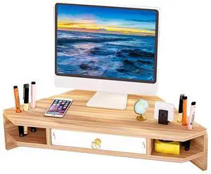 KUAIYU Triangle Monitor Riser,Cut Triangular Computer Monitor Desktop Corner Stand,Desktop Corner Shelf With Drawers Wooden Computer Stand With Storage Laptop Risers Office Organization.