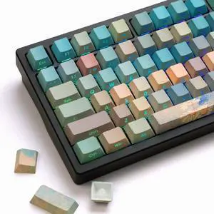 dagaladoo Double Shot PBT keycaps Green/Blue Shine Through keycaps 132 Keys Side Printed Custom Key caps Keyboard Cherry Profile dye-sub Key caps for MX Switches Mechanical Keyboard(Oil Painting)
