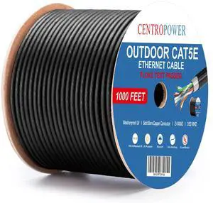CENTROPOWER Outdoor Cat 5e Ethernet Cable 1000 ft, 24AWG Solid Bare Copper Conductor, Direct Burial Waterproof UV Resistant, Cat 5 Long Network Cable Black Unshielded (UTP) 350MHz, UL Listed