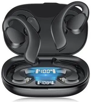 TTQ Open Ear, Open Ear True Wireless Headphones Bluetooth 5.3, Sports with Earhooks & Mic, 60H Playtime, Wireless Charging Case & LED Display, Waterproof for Running, Workout