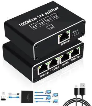 Ethernet Splitter 1 to 4 High Speed LAN Splitter, Gigabit 1000Mbps RJ45 Splitter 4 Out Network Internet Distributor with USB Power Cable, 4 Devices Simultaneous Networking Worked with Cat6/7/8 Cable