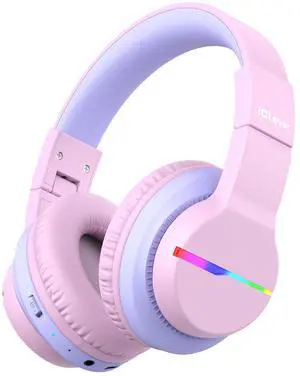 iClever BTH12 Kids Bluetooth Headphones,Colorful LED Lights,74/85dBA Safe Volume,85H Playtime,Bluetooth 5.2,Over Ear Headphones Built-in Mic for iPad/Tablet/Airplane,Blossom Pink