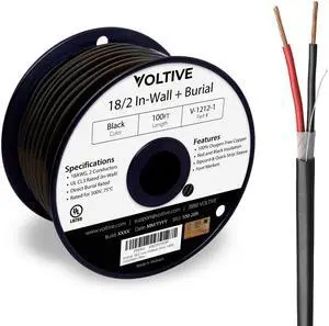 Voltive 18/2 Speaker Wire - 18 AWG/Gauge 2 Conductor - UL Listed in Wall (CL2/CL3) and Outdoor/In Ground (Direct Burial) Rated - Oxygen-Free Copper (OFC) - 100 Foot Spool - Black