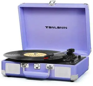 Vinyl Record Player 3-Speed Bluetooth Portable Turntable with USB Recording Built-in Speakers Belt Drive AUX/RCA/Headphone Jacks, Purple Leather Suitcase Record Player for Vintage Music Gift