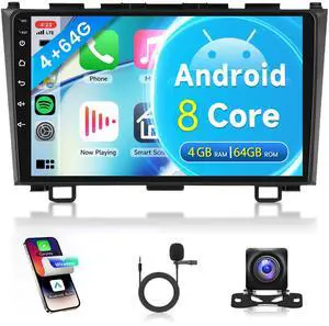 8Core 4G+64G Car Radio for Honda CRV 2007-2011, Rimoody Car Stereo with Android Carplay Android auto GPS Navigation WiFi 9 Inch Touchscreen Mirror Link DSP WiFi BT FM Rear View Camera Microphone