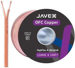 JAVEX 12-Gauge AWG Audio Speaker Wire Cable (100 FT), [OFC Oxygen-Free Copper] Thin Flat Cable for Automotive Car Stereo Audio, HI-FI Stereo, Home Theater