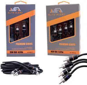 Elite Audio Subwoofer and Speaker Amp Premium Series RCA Cable Package: 1x 4-Channel 15 ft & 1x 2-Channel 15 ft RCA Cables for Car Audio Installation