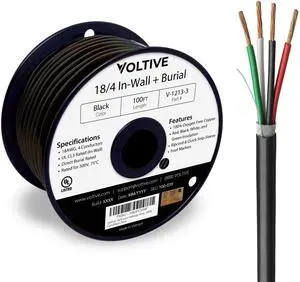 Voltive 18/4 Speaker Wire - 18 AWG/Gauge 4 Conductor - UL Listed in Wall (CL2/CL3) and Outdoor/In Ground (Direct Burial) Rated - Oxygen-Free Copper (OFC) - 100 Foot Spool - Black