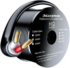 Maximm in Wall Speaker Wire - 250 Feet, Black - 14AWG CL3 Rated 2-Conductor Wire 14/2 (Copper Clad Aluminum)