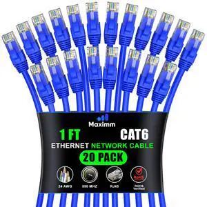 Maximm Cat 6 Ethernet Cable 1 ft (20-Pack) - High-Speed LAN Cable, Internet Cable, Patch Cable, and Network Cable - UTP, 10Gbps, 550MHz Ethernet Cord - Blue