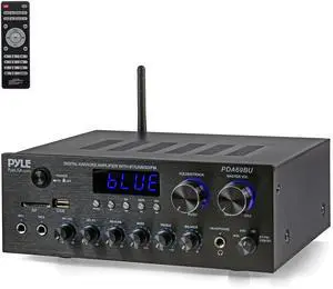 Pyle Stereo Amplifier Audio Receiver with Remote Control - Bluetooth Streaming, MP3/USB/SD/FM Radio, 2.0 Channel HiFi Sound System with RCA/Aux Inputs, Microphone & Headphone Jacks, Adjustable Bass
