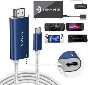 IVANKY 2-in-1 USB C to HDMI 100W 6.6ft Charging Cable Dock for Steam Deck OLED/ASUS ROG Ally X/MSI Claw, 4K@60Hz Nylon Braided Cable Portable Adapter Connector for TV Screen Extend, Interstellar Blue