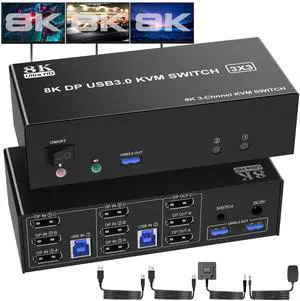 8K Displayport KVM Switch 3 Monitors 2 Computers, DP1.4 Triple Monitor KVM with Audio Microphone Output and 3 USB 3.0 Ports for 2 PC or Laptops, DP 3 Monitors KVM Support Extended and Duplicate Mode