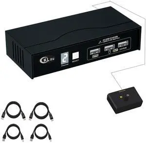 CKLau 2 Port KVM HDMI Switch 4K60Hz 2K144Hz with All Input Cables, Digital Display, USB 2.0 Hub for 2 Computers 1 Monitor Share Keyboard Mouse Peripheral Device