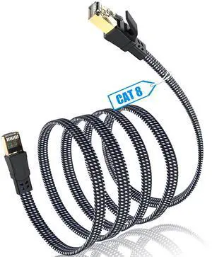 Cat 8 Ethernet Cable 100ft,Nylon Braided High Speed Heavy Duty 40Gbps 2000Mhz Flat Network LAN Patch Cord SFTP RJ45 Internet Cable Shielded in Wall, Indoor&Outdoor for Router,Modem,Gaming,PS5,Switch