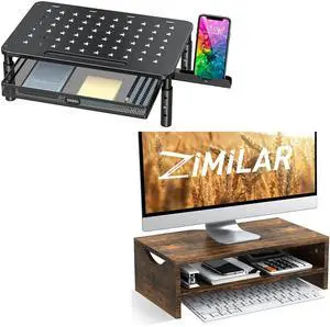 Zimilar 2-Tier Height Adjustable Monitor Riser with Metal Mesh Drawer and Foldable Phone Holder for Computer, Black, MDF and Metal