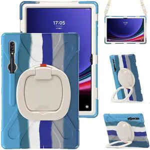 360 Rotation Case for Samsung Galaxy S9 Ultra 14.6'' 2023/S8 Ultra 14.6'' 2022with Shoulder Strap S Pen Holder Rotatable Kickstand/Handle Rugged Silicone Case (Colorful Blue)