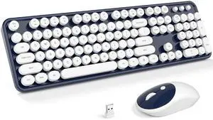 Atelus Wireless Keyboard and Mouse, Typewriter Full Size Keyboard with Number Pad and 2 in 1 USB Connected Mouse for Windows 7/8/10, Laptop, Desktop, PC, Computer (Dark-Blue)