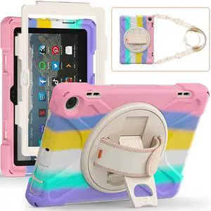 Rugged Case for Amazon-Kindle-Fire-HD-8 & 8 Plus Tablet (12th Generation, 2022) 8 w/ 360° Rotating Hands-Free Kickstand, Full Body Armor Heavy Duty Shock-Proof Cover w/Hand/Shoulder Strap(Macaron)