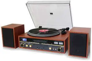 TechPlay Commander, 3 Speed Turntable w/Pitch Control, CD Player, Amplifier W/VU Meter, Bluetooth and USB Recording (Wood)