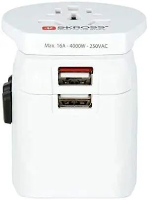 SKROSS Pro Light World Travel Adapter with USB | 3-Pole Travel Adaptor with Slide System | Designed for 200+ Countries | Compact and Reliable | White