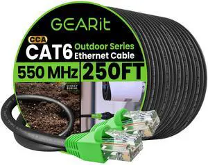 GEARit RJ45 Cat-6 Ethernet Patch Cable, 10Gpbs Transfer Speed, Gold-Plated Connectors, Copper Clad, Outdoor, UV Resistant, Direct Burial, Waterproof, Durable, 250 Foot (76.2 Meters), Black