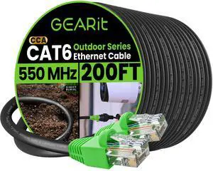 GEARit RJ45 Cat-6 Ethernet Patch Cable, 10Gpbs Transfer Speed, Gold-Plated Connectors, Copper Clad, Outdoor, UV Resistant, Direct Burial, Waterproof, Durable, 200 Foot (60.9 Meters), Black