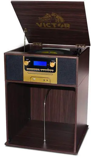 Victor VWRP-4500 Boyleston 7-in-1 Turntable Music Center with 3-Speed Record Player, CD/MP3 Player, AM/FM Radio, Bluetooth in, USB Playback & Record, Built-in Stereo Speakers, and Album Storage