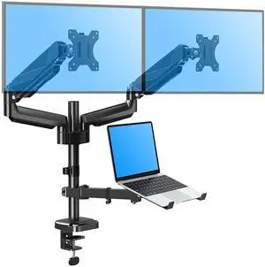 MOUNTUP Dual Monitor and Laptop Mount, Gas Spring Monitor Stand for 2 Max 27" Computer Screens, Laptop Tray Fits 10-17inch Notebook, Holds 4.4-17.6lbs Per Arm, 3-in-1 Adjustable Monitor Desk Mount