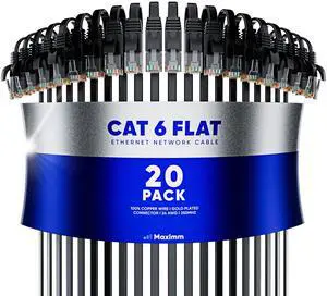 Cat6 Ethernet Cable 10ft, 20-Pack Black - Flat High-Speed Network Cables for Gaming, Streaming, Router, Modem, PC, PS5, Xbox - Durable & Space-Saving Design