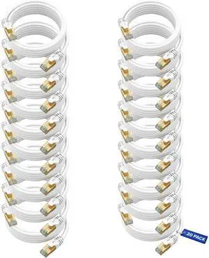 Cat6 Ethernet Cable 12ft, 20-Pack White - Flat High-Speed Network Cables for Gaming, Streaming, Router, Modem, PC, PS5, Xbox - Durable & Space-Saving Design