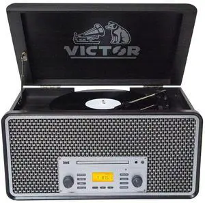 Victor VWRP-5000 Monument 8-in-1 Bluetooth Turntable with 3-Speed Vinyl Record Player, Cassette, CD Player, AM/FM Radio, USB, Aux Input, and Built-in Speakers  Ideal for Vinyl Lovers
