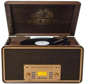 Victor VWRP-5000 Monument 8-in-1 Bluetooth Turntable with 3-Speed Vinyl Record Player, Cassette, CD Player, AM/FM Radio, USB, Aux Input, and Built-in Speakers  Ideal for Vinyl Lovers