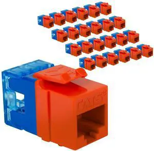 ICC CAT5e Keystone Jack with Slim Profile 180 Degree Punch Down, RJ45 UL Listed PoE++ TAA VoIP Compliant for Wall Plate or Patch Panel, Works with JackEasy Termination Tool, Orange 25 Pack