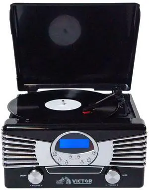 Victor VHRP-1400 Diner 7-in-1 Turntable Music Center with Record Player, CD/MP3 Player, AM/FM Radio, Bluetooth, USB Playback and Recording, and Built-in Stereo Speakers  Perfect for Music Lovers